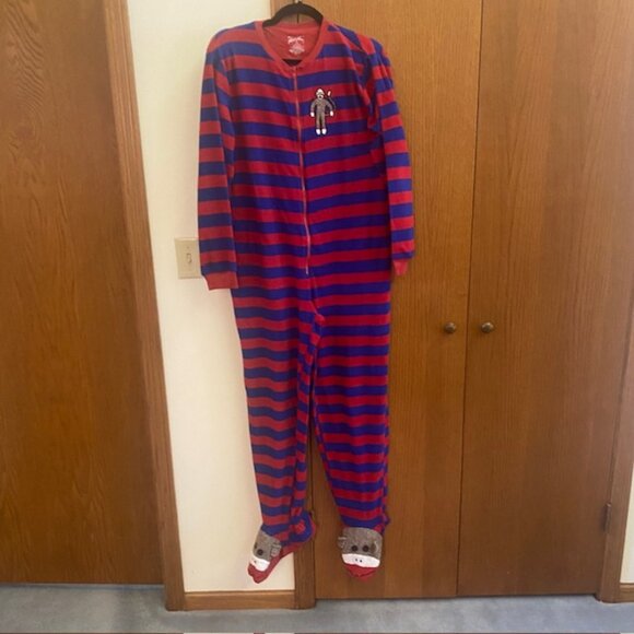 Nick & Nora Footed Sock Monkey Onesie Fleece Pajamas Women Small Red Blue Stripe - Picture 1 of 15